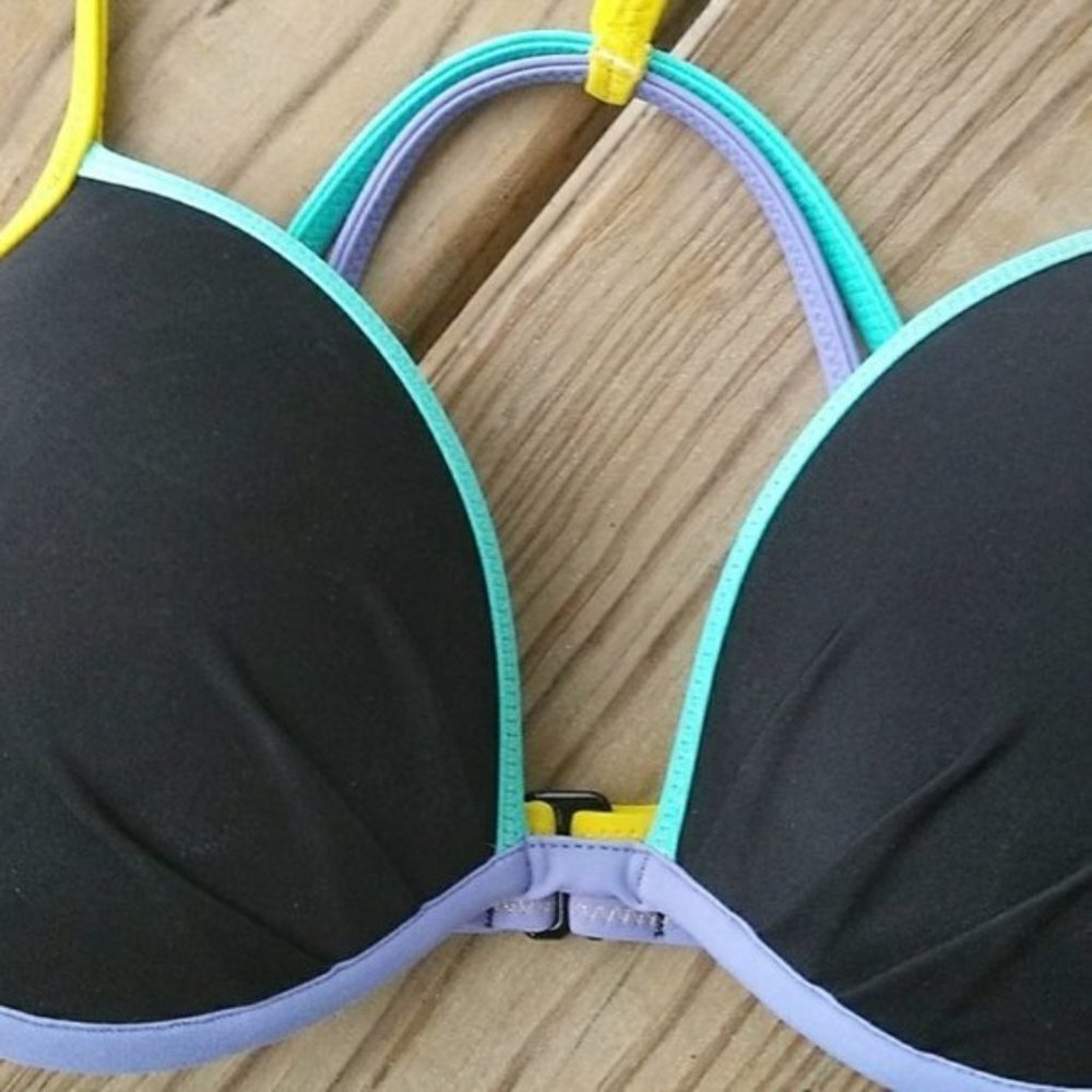 VICTORIA'S SECRET Black + Pastel Straps The Fabulous Push Up Bikini Top 34B - Picture 6 of 8